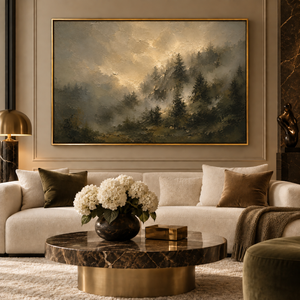 Veiled Pines framed wall art in an antiqued gold frame in a neutral living room