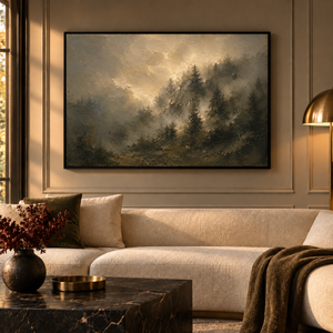 Veiled Pines framed wall art in a black frame in a modern living room