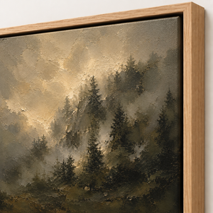 Close-up of the frame corner and canvas edge on Veiled Pines