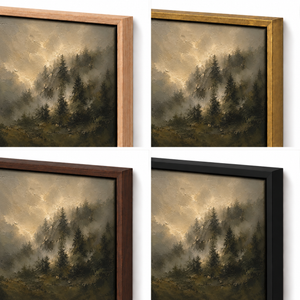 Frame finish options for Veiled Pines: natural oak, walnut, black, antiqued gold and silver