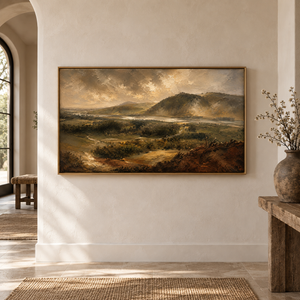 Weathered Hills framed wall art hung on an open gallery wall