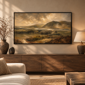 Weathered Hills framed canvas viewed from the side, showing frame depth
