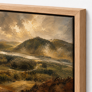 Close-up of the frame corner and canvas edge on Weathered Hills