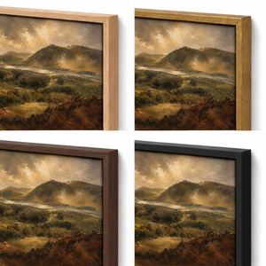 Frame finish options for Weathered Hills: natural oak, walnut, black, antiqued gold and silver
