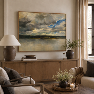 Weathered Light framed wall art hanging above a sofa in a living room