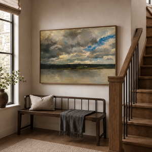 Weathered Light framed wall art in an entryway above a console table
