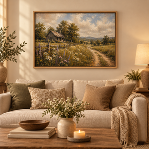 Wildflower Lane framed wall art hanging above a sofa in a living room