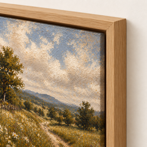 Close-up of the frame corner and canvas edge on Wildflower Lane