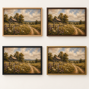 Frame finish options for Wildflower Lane: natural oak, walnut, black, antiqued gold and silver