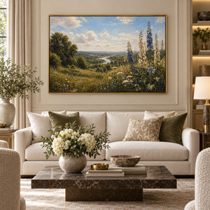 Wildflower Valley framed wall art in an antiqued gold frame in a neutral living room
