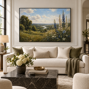 Wildflower Valley framed wall art in a black frame in a modern living room