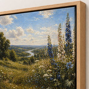 Close-up of the frame corner and canvas edge on Wildflower Valley