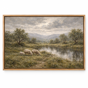 Wool Pastures framed canvas wall art by Keeping Sunday