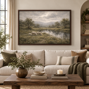 Wool Pastures framed wall art in a dark wood frame above a living room sofa