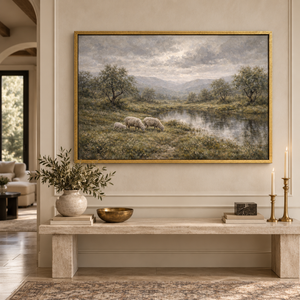 Wool Pastures framed wall art in an antiqued gold frame in a neutral living room