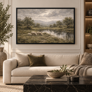 Wool Pastures framed wall art in a black frame in a modern living room