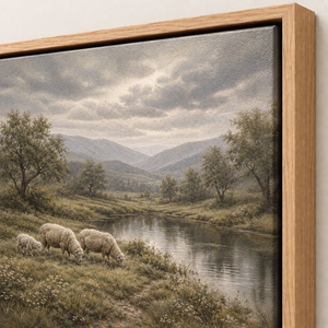 Close-up of the frame corner and canvas edge on Wool Pastures
