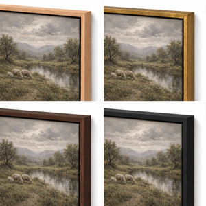 Frame finish options for Wool Pastures: natural oak, walnut, black, antiqued gold and silver